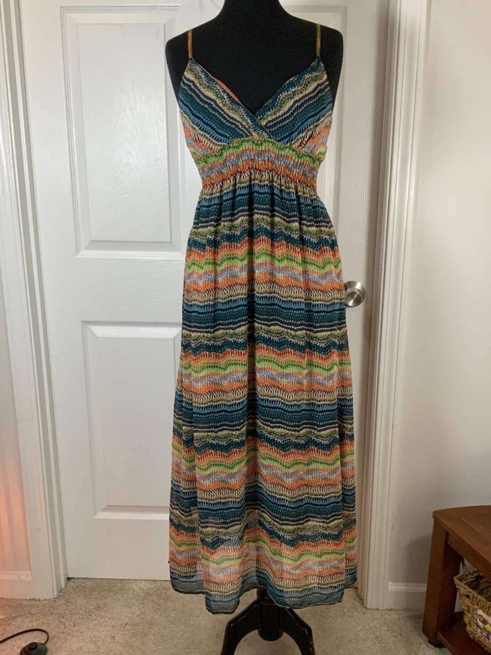 She’s Cool Chiffon Multicolored Striped Smocked Boho Maxi Dress Size Medium